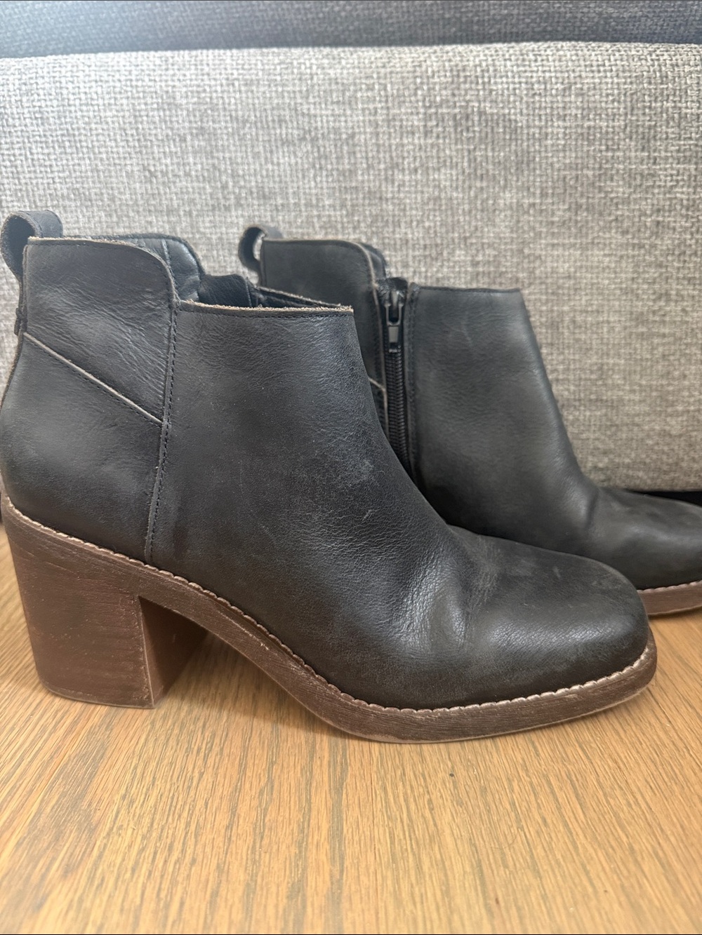 Women's Black Leather Ankle Boots with Block Heel